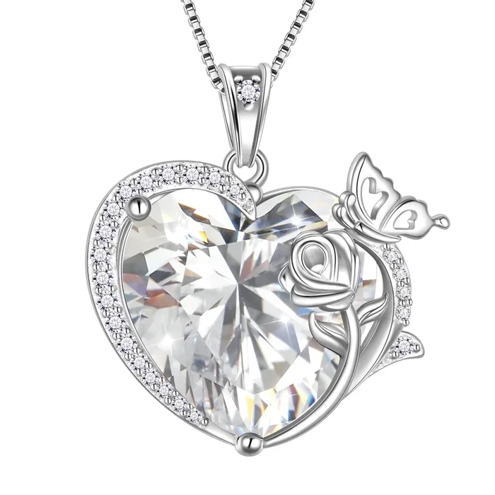 Collier pour femme en forme de cœur, pendentif papillon et rose, pierre de naissance d’avril, diamant et cristal, bijou de mariage, argent sterling 925, cadeau pour épouse ou maman
