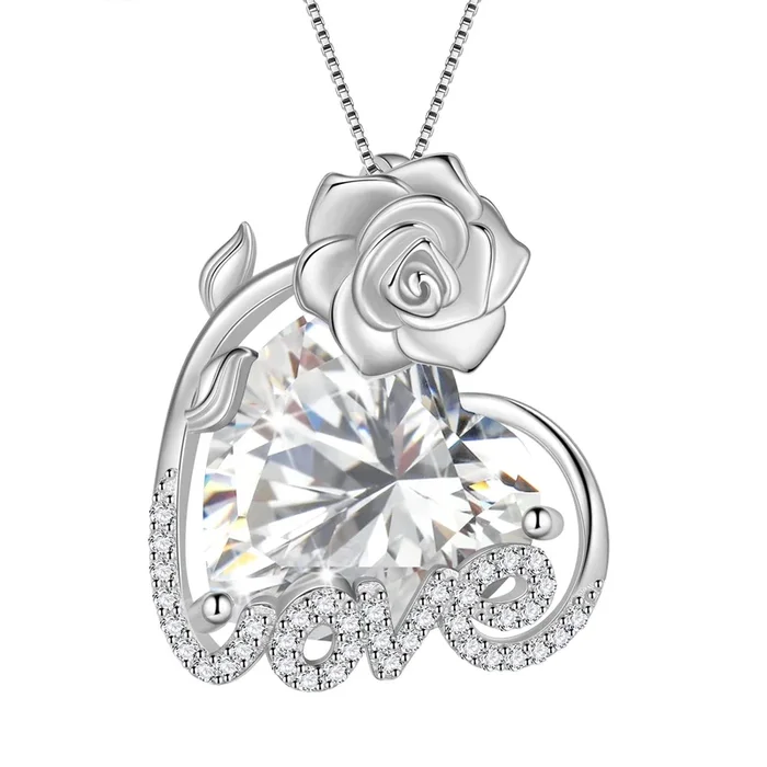 Collier pour femme en forme de cœur rose 15 mm, pierre de naissance d’avril, argent sterling 925, pendentif fleur et amour serti de diamants CZ, bijou de mariée, cadeau pour la Saint-Valentin ou la fête des mères.