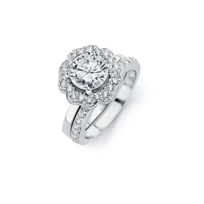 Conjunto de anillo de compromiso de flor de circonita transparente chapado en rodio de plata 925 – BGR00715