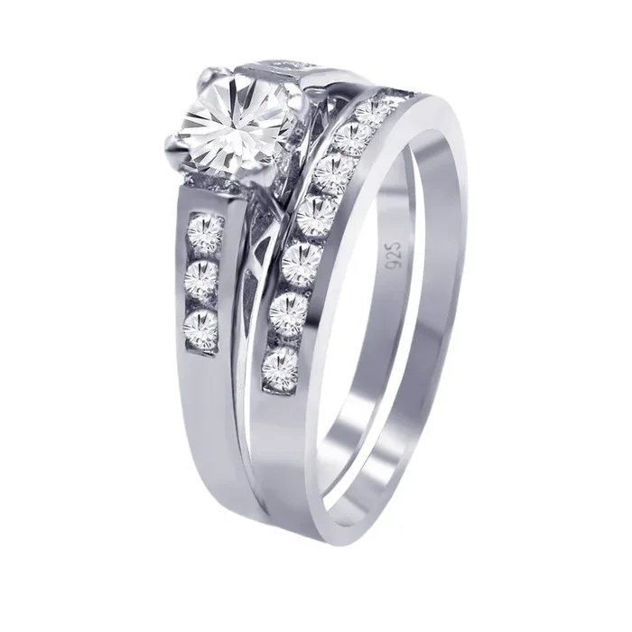 Conjunto de anillo de compromiso nupcial con circonita cúbica chapada en rodio de plata 925 – AAR0071