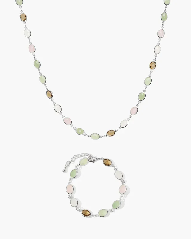Conjunto de collar y pulsera de piedra romance caprichoso en plata
