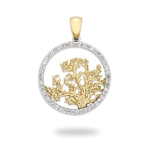 Coral Tree Pendant with Diamonds in Two Tone Gold – 24mm