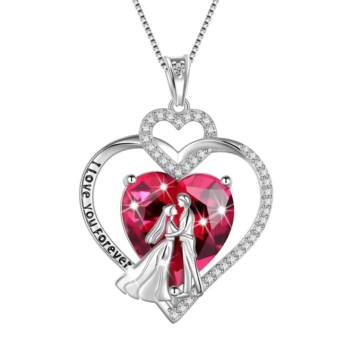 Couple Necklace for Women 925 Sterling Silver Heart July Birthstone Pendant Love You Wedding Engagement Jewelry Valentines Day Gift for Her Wife Girlfriend Bride