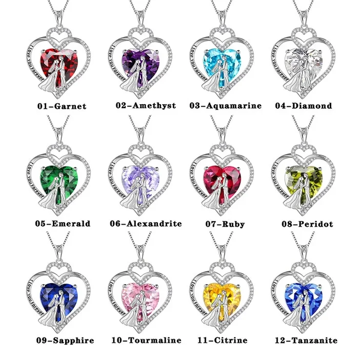 Couple Necklace Heart Birthstone 925 Sterling Silver Pendant Jewelry Girlfriend Wife Women Valentine’s Day Gift