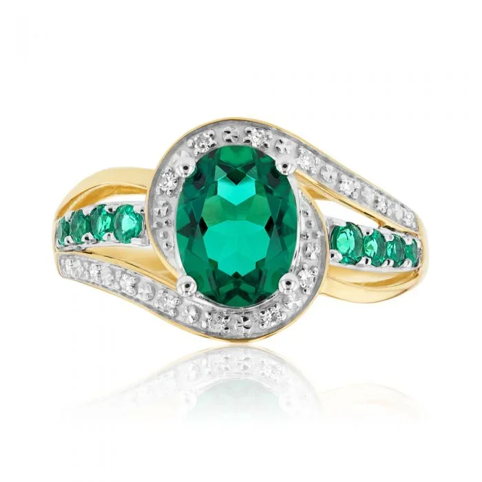 Created Emerald and Diamond Ring in 9ct Yellow Gold