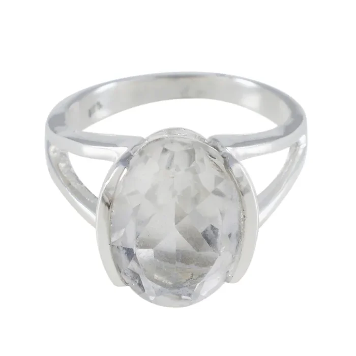 Crystal Quartz Solitaire African 925 Silver White Gemstones Mid-weight Glamorous Ring Jewellery