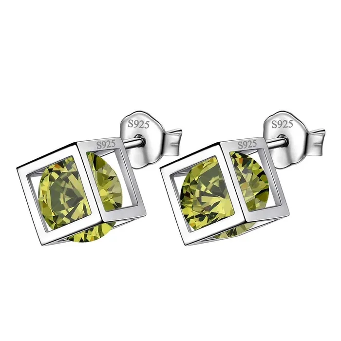 Cubo 3D Birthstone Agosto Peridoto Orecchini Stud Donne Ragazze Gioielli Regalo di compleanno Argento sterling