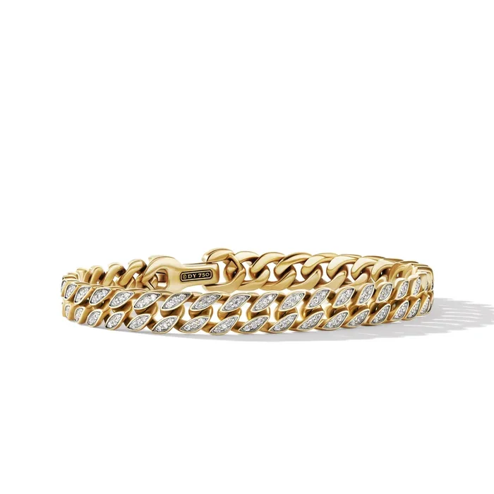 Curb Chain Bracelet in 18K Yellow Gold with Diamonds, 8mm