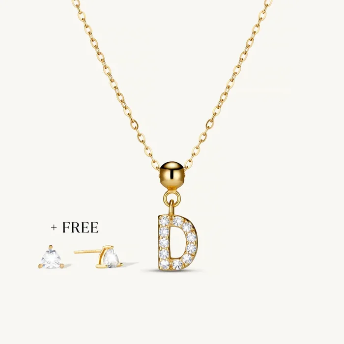 D Diamond Initial Charm Necklace + FREE Diamond Trio Studs Gold