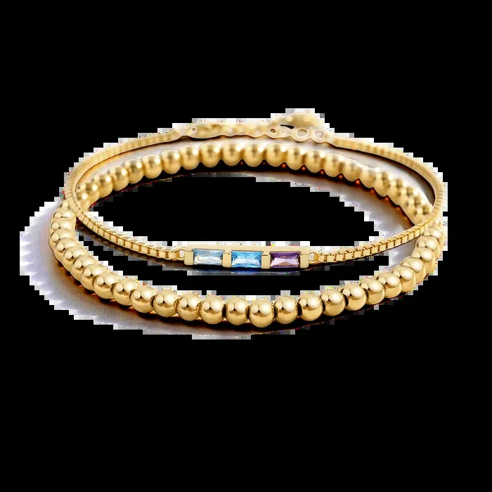 Dainty Baguette Birthstone Bracelet and Beaded Stacking Bracelet Set