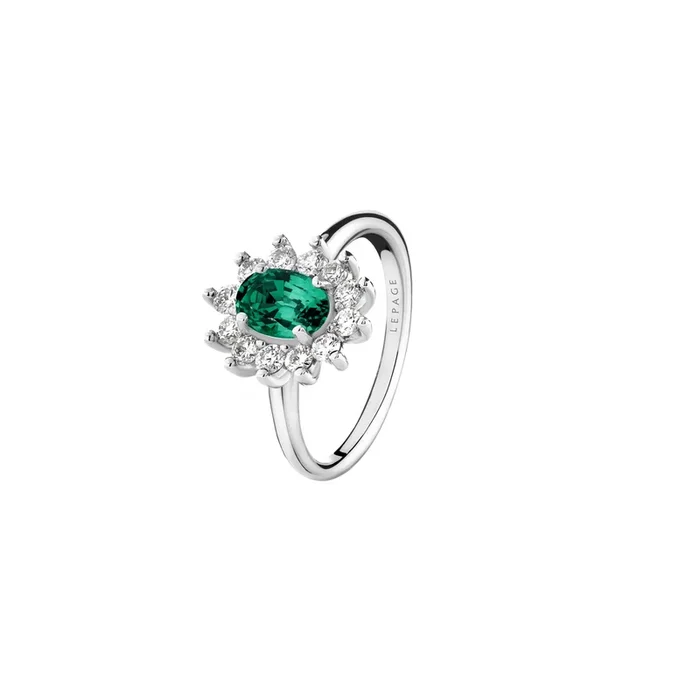 Daisy ring in white gold, emerald and diamonds | LEPAGE