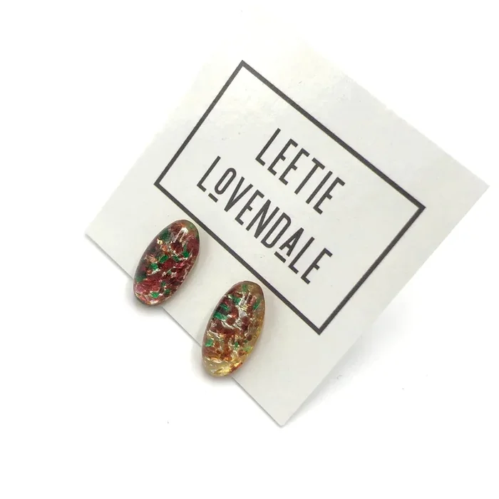 Deep Red & Green Foil Long Oval Glass Studs