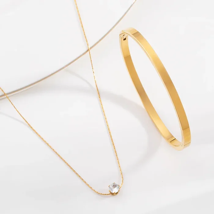 Delicate Diamond Studded Necklace & Plain Stackable Bangle Bracelet | 4MM Combo Set