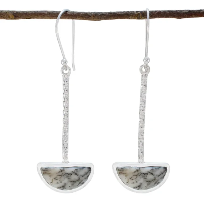 Dendrite Opal Latin American Min-seo Solitaire Dangle White 925 Silver Earring