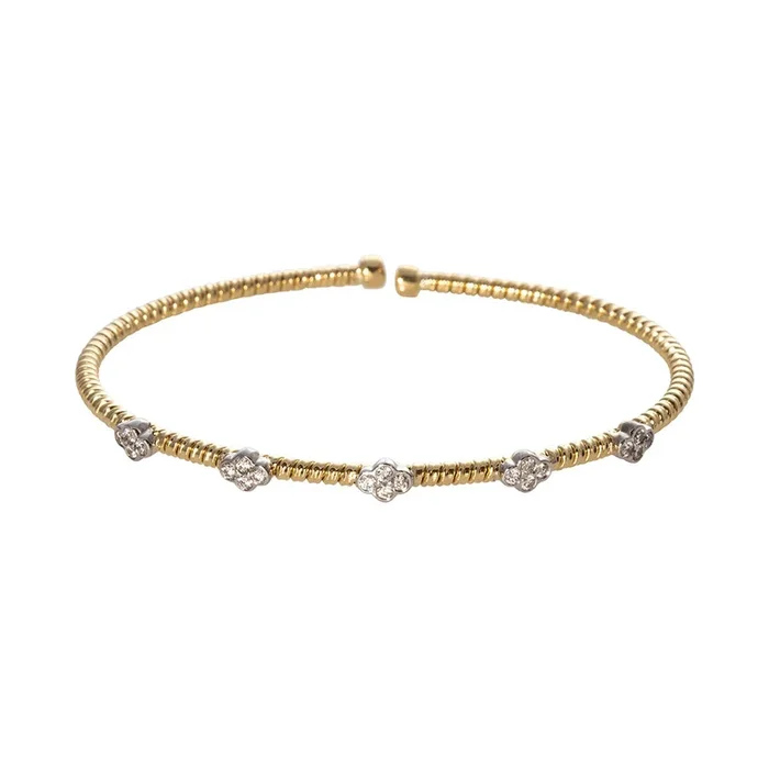 Diamond 5-Station 18K Yellow Gold Flexible Cuff Bangle