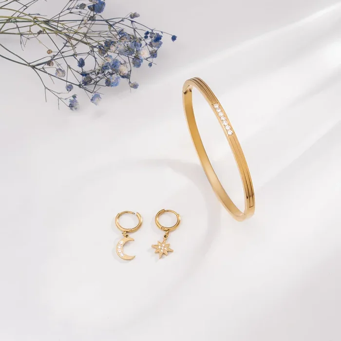Diamond Allure Bangle Bracelet & Studded Star Moon Hoop Earrings Combo Set