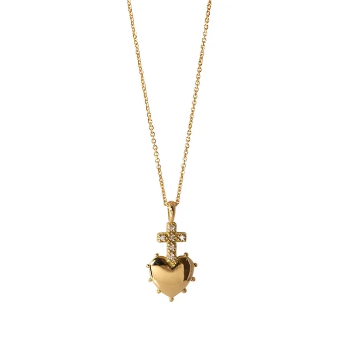 Diamond Cross Heart 18K Gold Mini Pendant Necklace