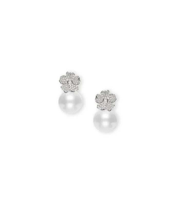 Diamond Flower Pearl Earrings