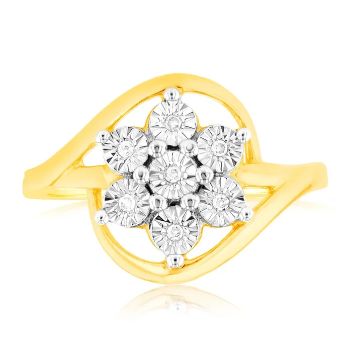 Diamond Flower Ring in 9ct Yellow & White Gold