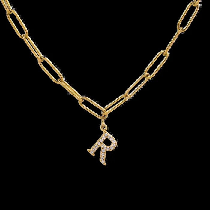 Diamond Letter Pendant Necklace with Paperclip Chain
