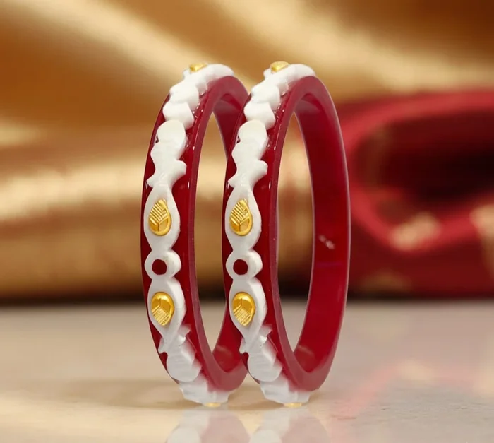 Divya Sankha 22KT (916) Yellow Gold Synthetic Sankha Pola Bangles for Women – 2 Piece Set, Size 13