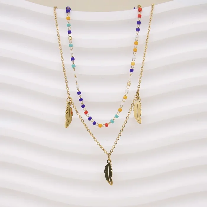Double row Sara necklace with multicolored beads and stainless steel feather tassels