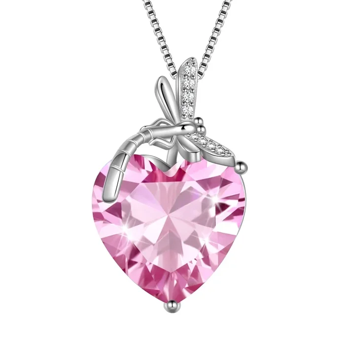 Dragonfly Necklace Heart October Birthstone Necklace Tourmaline 925 Sterling Silver Pendant Pink Jewelry Women Birthday Christmas Mother’s Day Gift
