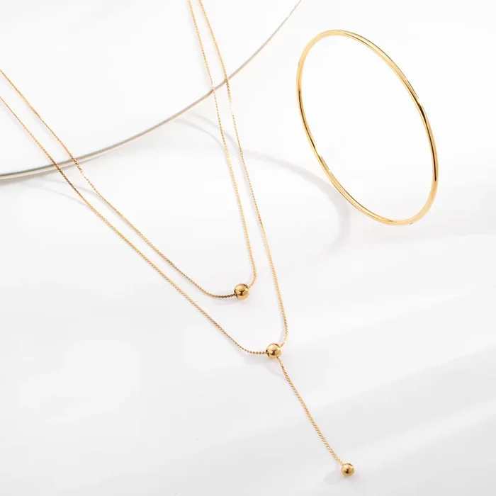 Drop Bead Necklace & Round Wire Bangle Bracelet Combo Set