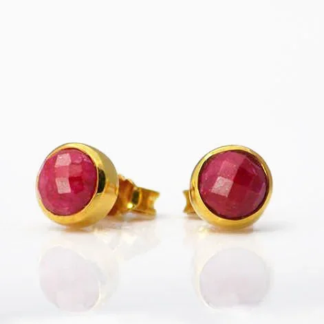 Dyed Ruby Small Round Bezel Set Stud Earrings – July Birthstone Earrings