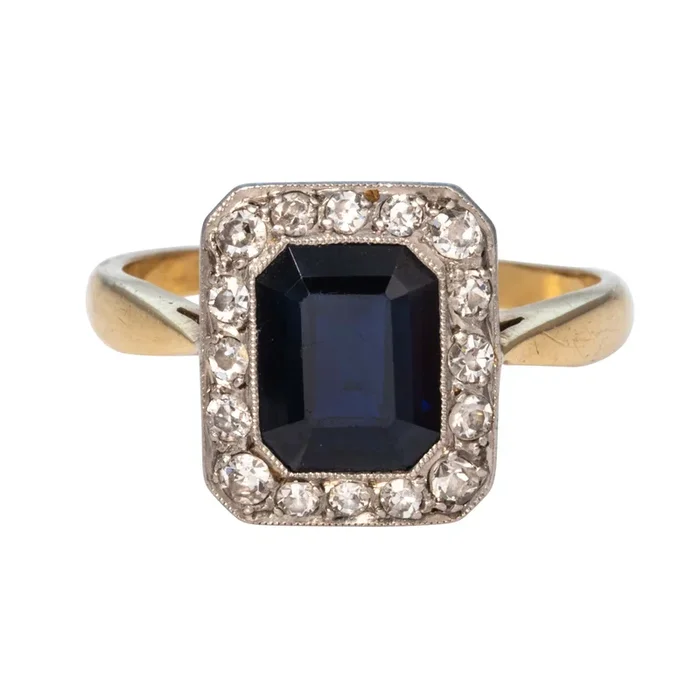Edwardian Emerald-Cut Sapphire & Diamond Cluster Two-Tone Ring