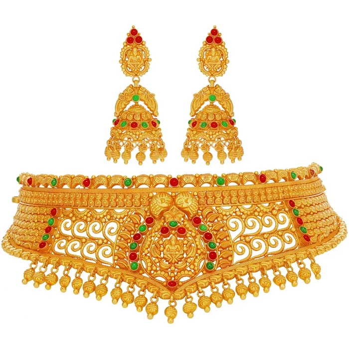 Elegant Antique Laxmi Choker Set with Gemstones in 22K Gold