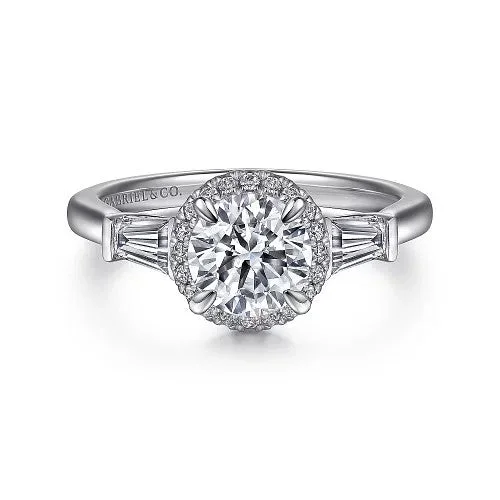 Elinor – 14K White Gold Round Three Stone Halo Diamond Engagement Ring (Setting Only)