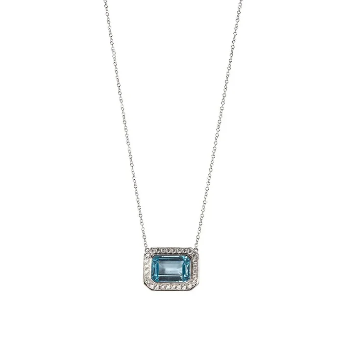 Emerald-Cut Blue Topaz & Diamond 18K Gold Pendant Necklace