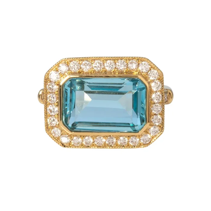 Emerald-Cut Blue Topaz & Diamond Milgrain 18K Yellow Gold Ring