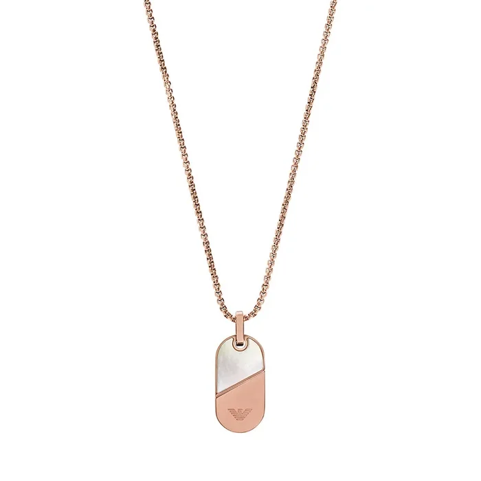 Emporio Armani Rose Gold Plated Stainless Steel Mother Of Pearl Dog Tag Pendant on Chain