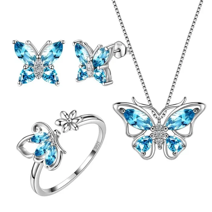 Ensemble de bijoux 4 pièces avec pierre de naissance papillon, aigue-marine de mars, cadeau d’anniversaire pour femmes et filles