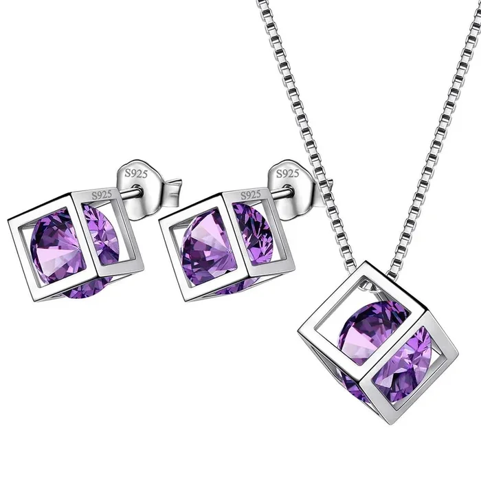 Ensemble de bijoux en améthyste avec pierre de naissance Cube 3D, 3 pièces, cadeau d’anniversaire pour femmes et filles