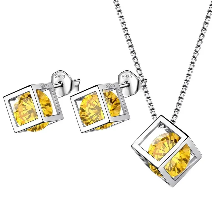Ensemble de bijoux en Citrine de novembre, pierre de naissance Cube 3D, 3 pièces, cadeau d’anniversaire pour femmes et filles