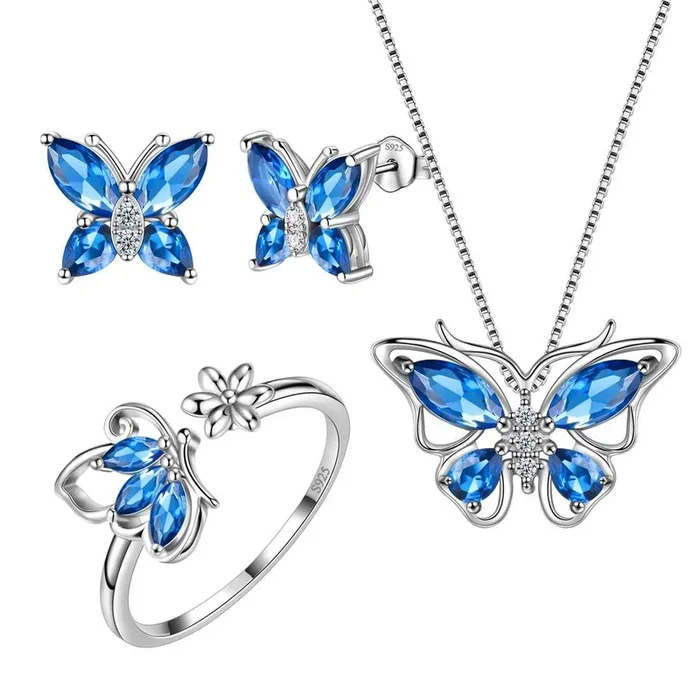 Ensemble de bijoux saphir avec pierre de naissance papillon, 4 pièces, cadeau d’anniversaire pour femmes et filles