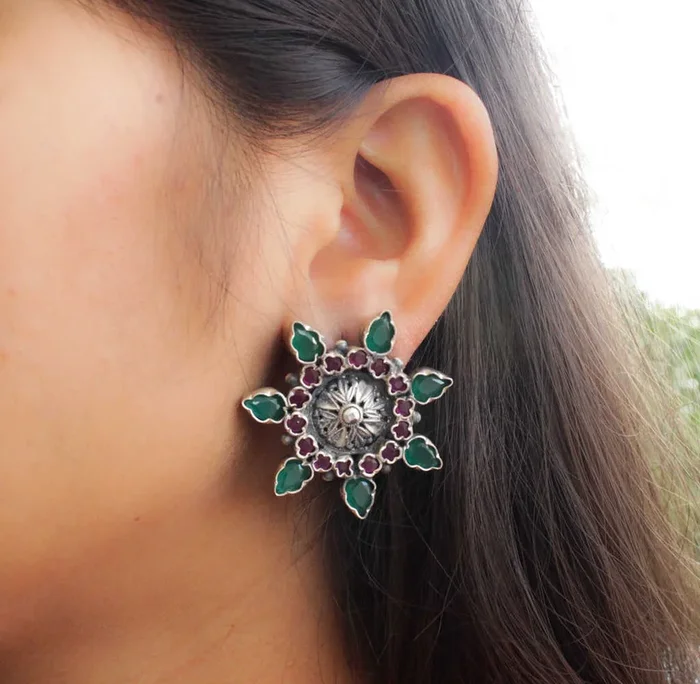 Essence Ruby Emerald Flower Studs