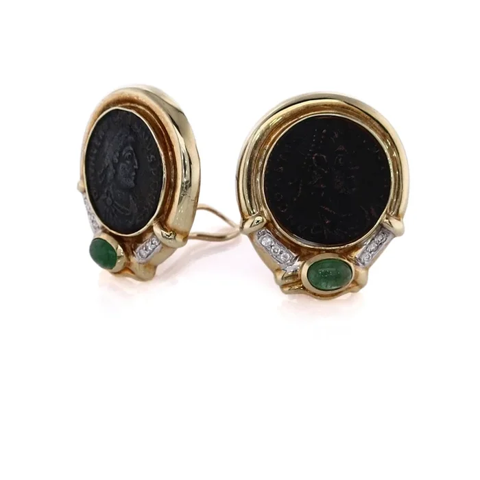 Estate 14 Karat Two-Tone Roman Coin Design Diamond and Emerald Earrings