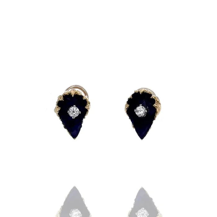Estate 18k Yellow Gold Diamond Blue Enamel Flower Pod Pierced/Clip-On Earrings