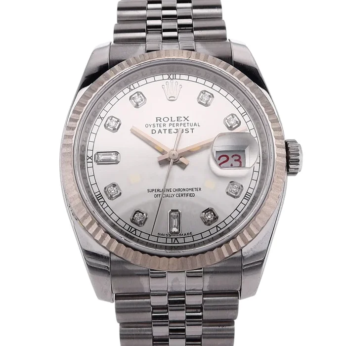 Estate Rolex Stainless Steel and 18 Karat White Gold Gentlemen’s 36mm Oyster Perpetual Datejust Custom Silver Diamond Dial 18kw Fluted Bezel Jubilee Bracelet 116234 C. Random 2011+