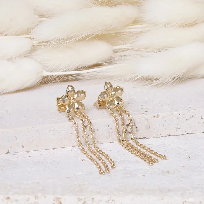 Eva earrings chain and flower gold-plated