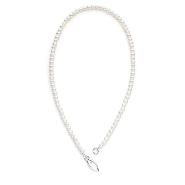 Everyday Pearl Necklace 18″ – Sterling Silver + CZ Blanc