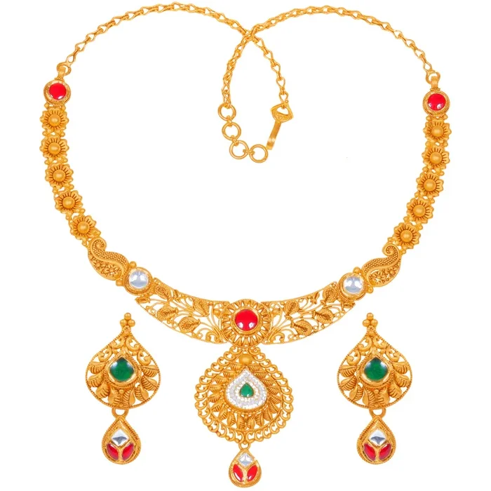 Exquisite Antique Necklace Set With Kundan & Gemstones in 22K Gold