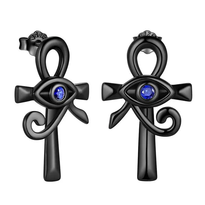 Eye of Horus Ankh Cross Earrings Mens Women Jewelry 925 Sterling Silver