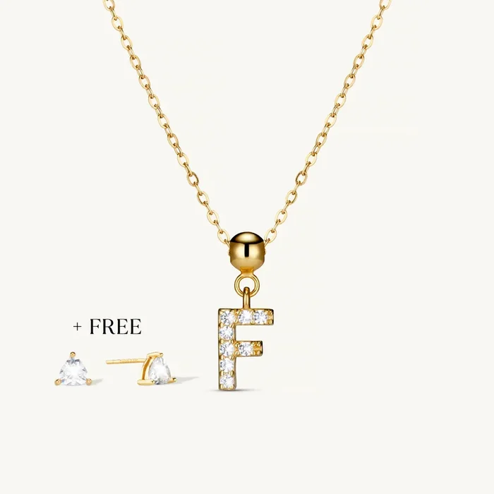 F Diamond Initial Charm Necklace + FREE Diamond Trio Studs Gold