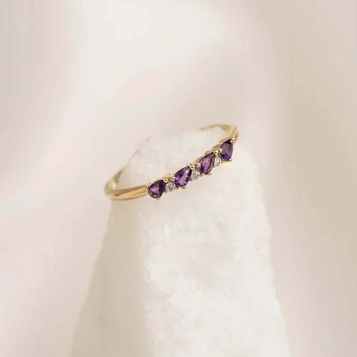 February Birthstone Pear Ring 14k Gold – Amethyst and Diamond