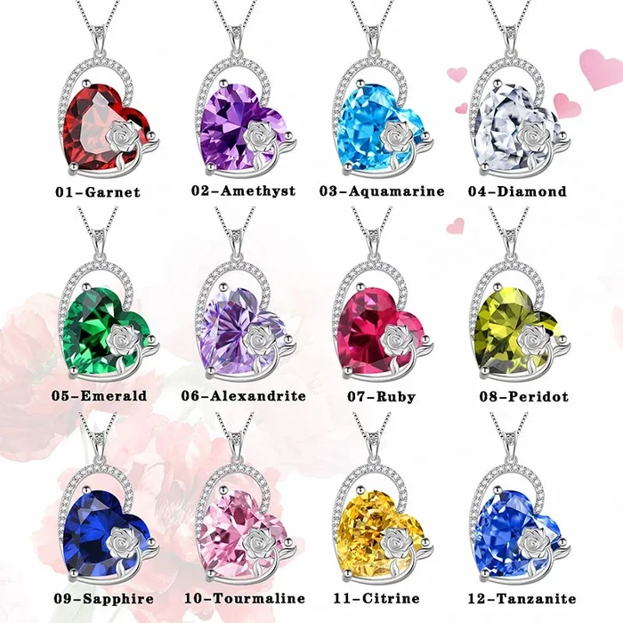 Femmes coeur collier en argent Sterling pendentif filles Pierre de naissance Rose fleur bijoux Noël fête des mères cadeau